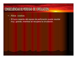 ••-- Allttooss ccoossttooss 
- El lucro cesante del equipo de perforación puede resultar 
muy grande, mientras se recupera la circulación. 
 
