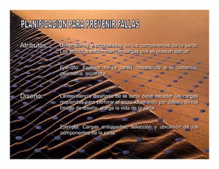 Attrriibbuuttooss:: Dimensiones y propiedades de los compònentes de la sarta. 
Los atributos determinan las cargas que se pueden aplicar 
Ejemplo: Espesor de la pared, resistencia a la cadencia, 
geometría, aspereza 
Diisseeññoo:: La resistencia diseñada de la sarta debe exceder las cargas 
requeridas para perforar el pozo. Operando por debajo de los 
límites de diseño, alarga la vida de la sarta 
Ejemplo: Cargas anticipadas, selección y ubicación de los 
componentes de la sarta 
 