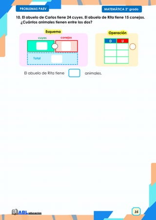 16
MATEMÁTICA 2° grado
PROBLEMAS PAEV
10. El abuelo de Carlos tiene 24 cuyes. El abuelo de Rita tiene 15 conejos.
¿Cuántos animales tienen entre los dos?
El abuelo de Rita tiene animales.
D U
Operación
cuyes conejos
Total
Esquema
 
