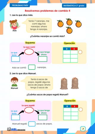 7
MATEMÁTICA 2° grado
PROBLEMAS PAEV
Esquema
Resolvemos problemas de cambio 4
1. Lee lo que dice Ada.
¿Cuántas naranjas se comió Ada?
2. Lee lo que dice Manuel.
¿Cuántos sacos de papa regaló Manuel?
Tenía 7 naranjas, me
comí algunas
naranjas; ahora
tengo 4 naranjas.
Lo que tengo
ahora
Lo que comí
Lo que
tenía
Ada se comió naranjas.
Tenía 6 sacos de
papa, regalé algunos
sacos de papa; ahora
tengo 3 sacos de
papa.
Manuel regaló sacos de papa.
Lo que tengo
ahora
Lo que regalé
Lo que
tenía
Esquema
D U
Operación
D U
Operación
Ada
Manuel
 
