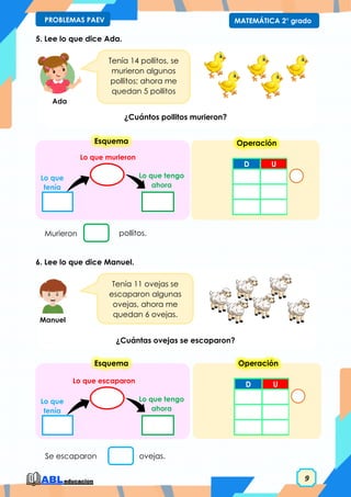 9
MATEMÁTICA 2° grado
PROBLEMAS PAEV
Esquema
5. Lee lo que dice Ada.
¿Cuántos pollitos murieron?
6. Lee lo que dice Manuel.
¿Cuántas ovejas se escaparon?
Tenía 14 pollitos, se
murieron algunos
pollitos; ahora me
quedan 5 pollitos
Lo que tengo
ahora
Lo que murieron
Lo que
tenía
Murieron pollitos.
Tenía 11 ovejas se
escaparon algunas
ovejas, ahora me
quedan 6 ovejas.
Se escaparon ovejas.
Lo que tengo
ahora
Lo que escaparon
Lo que
tenía
Esquema
Ada
Manuel
D U
Operación
D U
Operación
 