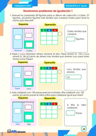 24
PROBLEMAS PAEV MATEMÁTICA 3° grado
Resolvemos problemas de igualación 1
1. Manuel ha comprado 58 figuritas para su álbum de colección y Carlos, 27
figuritas. ¿Cuántas figuritas más tendría que comprar Carlos para tener lo
mismo que Manuel?
2. Pepe y Lucy ahorraron dinero durante el año. Pepe ahorró S/. 124 y Lucy
ahorró S/. 84 ¿Cuánto de dinero más tendría que ahorrar Lucy para tener
tantos como Pepe?
3. Ada colaboró con 190 panes para los invitados. Rita colaboró con 120
panes ¿Cuántos panes le falta a Rita para colaborar igual que Ada?
C D U
Operación
Carlos tendría que
comprar:
figuritas.
Esquema
Carlos
Manuel
C D U
Operación
Lucy tendría que
ahorrar:
S/.
Esquema
Lucy
Pepe
C D U
Operación
A Rita le falta
colaborar:
Panes.
Esquema
Rita
Ada
 