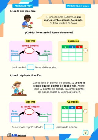 3
PROBLEMAS PAEV MATEMÁTICA 3° grado
3. Lee lo que dice José
¿Cuántas flores sembró José el día martes?
4. Lee la siguiente situación.
El lunes sembré 46 flores, el día
martes sembré algunas flores más.
En total sembré 86 flores.
José sembró flores el día martes.
Flores
sembrados
Sembró el martes
El lunes
sembró
Esquema
Carlos tiene 54 plantas de cacao. Su vecino le
regala algunas plantas de cacao más. Ahora
tiene 97 plantas de cacao. ¿Cuántas plantas
de cacao regaló su vecino a Carlos?
Su vecino le regaló a Carlos plantas de cacao.
Ahora tiene
Su vecino le regala
Tiene
plantas
Esquema
C D U
Operación
C D U
Operación
 