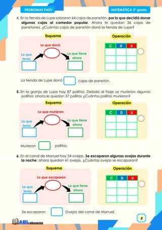 8
PROBLEMAS PAEV MATEMÁTICA 3° grado
4. En la tienda de Lupe sobraron 64 cajas de panetón, por lo que decidió donar
algunas cajas al comedor popular. Ahora le quedan 36 cajas de
panetones. ¿Cuántas cajas de panetón donó la tienda de Lupe?
5. En la granja de Lupe hay 87 pollitos. Debido al friaje se murieron algunos
pollitos; ahora le quedan 57 pollitos ¿Cuántos pollitos murieron?
6. En el corral de Manuel hay 54 ovejas. Se escaparon algunas ovejas durante
la noche; ahora quedan 41 ovejas. ¿Cuántas ovejas se escaparon?
La tienda de Lupe donó cajas de panetón.
Murieron pollitos.
Lo que tiene
ahora
Lo que donó
Lo que
tenía
Esquema
C D U
Operación
Lo que tiene
ahora
Lo que murieron
Lo que
tenía
Esquema
C D U
Operación
Lo que tiene
ahora
Lo que escaparon
Lo que
tenía
Esquema
C D U
Operación
Se escaparon Ovejas del corral de Manuel.
 