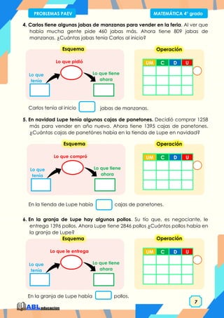 7
PROBLEMAS PAEV MATEMÁTICA 4° grado
4. Carlos tiene algunas jabas de manzanas para vender en la feria. Al ver que
había mucha gente pide 460 jabas más. Ahora tiene 809 jabas de
manzanas. ¿Cuántas jabas tenía Carlos al inicio?
5. En navidad Lupe tenía algunas cajas de panetones. Decidió comprar 1258
más para vender en año nuevo. Ahora tiene 1395 cajas de panetones.
¿Cuántas cajas de panetónes había en la tienda de Lupe en navidad?
6. En la granja de Lupe hay algunos pollos. Su tío que, es negociante, le
entrega 1396 pollos. Ahora Lupe tiene 2846 pollos ¿Cuántos pollos había en
la granja de Lupe?
Carlos tenía al inicio jabas de manzanas.
Lo que tiene
ahora
Lo que pidió
Lo que
tenía
Esquema
En la tienda de Lupe había cajas de panetones.
Lo que tiene
ahora
Lo que compró
Lo que
tenía
Esquema
En la granja de Lupe había pollos.
Lo que tiene
ahora
Lo que le entrega
Lo que
tenía
Esquema
UM C D U
Operación
UM C D U
Operación
UM C D U
Operación
 