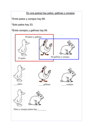 En una granja hay patos, gallinas y conejos.
*Entre patos y conejos hay 69.
*Solo patos hay 23.
*Entre conejos y gallinas hay 84.
69 patos y gallinas

84 gallinas y conejos

23 patos

___ patos

____ gallinas

Patos y conejos juntos hay :_______

____ conejos

 