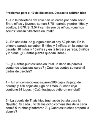 Problemas para el 10 de diciembre. Despacito saldrán bien
1.- En la biblioteca del cole dan un carné por cada socio.
Entre niños y jóvenes suman 8.781 carnés y entre niños y
adultos, 8.670. Si 3.547 carnés son de niños, ¿cuántos
socios tiene la biblioteca en total?
2.- En una ruta de guagua escolar hay 52 plazas. En la
primera parada se suben 5 niños y 3 niñas; en la segunda
parada, 10 niños y 15 niñas y en la tercera parada, 8 niños
y 2 niñas. ¿Cuántas plazas quedan libres?
3.- ¿Cuántos puntos tiene en total un dado de parchís
contando todas sus caras? ¿Cuántos puntos sumarán 5
dados de parchís?
4.- En un comercio encargaron 200 cajas de jugo de
naranja y 150 cajas de jugo de limón. Si cada caja
contiene 24 jugos. ¿Cuántos jugos pidieron en total?
5.- La abuela de Thais hizo truchas de batata para la
Navidad. Si cada uno de los ocho comensales de la cena
comió 5 truchas y sobraron 7. ¿Cuántas truchas preparó la
abuela?
 