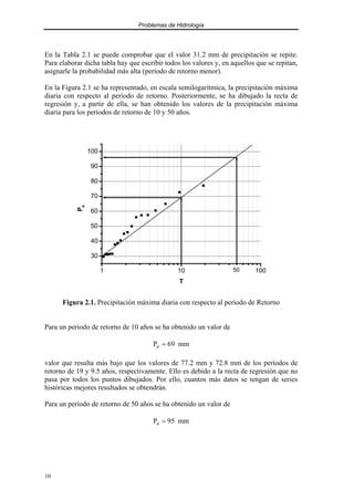 Problemas de Hidrología
10
En la Tabla 2.1 se puede comprobar que el valor 31.2 mm de precipitación se repite.
Para elaborar dicha tabla hay que escribir todos los valores y, en aquellos que se repitan,
asignarle la probabilidad más alta (período de retorno menor).
En la Figura 2.1 se ha representado, en escala semilogarítmica, la precipitación máxima
diaria con respecto al período de retorno. Posteriormente, se ha dibujado la recta de
regresión y, a partir de ella, se han obtenido los valores de la precipitación máxima
diaria para los períodos de retorno de 10 y 50 años.
1 10 100
30
40
50
60
70
80
90
100
50
P
d
T
Figura 2.1. Precipitación máxima diaria con respecto al período de Retorno
Para un período de retorno de 10 años se ha obtenido un valor de
mm
69
Pd =
valor que resulta más bajo que los valores de 77.2 mm y 72.8 mm de los períodos de
retorno de 19 y 9.5 años, respectivamente. Ello es debido a la recta de regresión que no
pasa por todos los puntos dibujados. Por ello, cuantos más datos se tengan de series
históricas mejores resultados se obtendrán.
Para un período de retorno de 50 años se ha obtenido un valor de
mm
95
Pd =
 