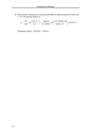 Problemas de Hidrología
142
e) Para calcular el descenso en el pozo de bombeo se aplica ecuación de Jacob con
r = 0.2. El descenso teórico es
m
43
.
10
2
.
0
025
.
0
30
62
.
249
25
.
2
ln
62
.
249
4
25
.
1966
r
S
t
T
25
.
2
ln
T
4
Q
s 2
2
p
p =






⋅
⋅
⋅
⋅
⋅
π
=






⋅
⋅
⋅
⋅
π
=
El descenso real es 10.43/0.8 = 13.04 m.
 