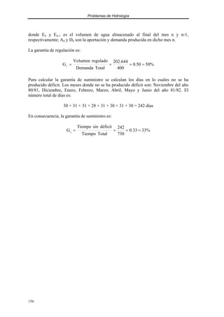 Problemas de Hidrología
156
donde En y En-1 es el volumen de agua almacenado al final del mes n y n-1,
respectivamente; An y Dn son la aportación y demanda producida en dicho mes n.
La garantía de regulación es:
%
50
50
.
0
400
644
.
202
Total
Demanda
regulado
Volumen
Gr =
=
=
=
Para calcular la garantía de suministro se calculan los días en lo cuales no se ha
producido déficit. Los meses donde no se ha producido déficit son: Noviembre del año
80/81, Diciembre, Enero, Febrero, Marzo, Abril, Mayo y Junio del año 81/82. El
número total de días es:
30 + 31 + 31 + 28 + 31 + 30 + 31 + 30 = 242 días
En consecuencia, la garantía de suministro es:
%
33
33
.
0
730
242
Total
Tiempo
déficit
sin
Tiempo
Gs =
=
=
=
 