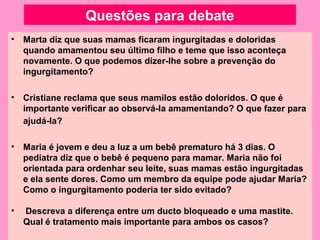 Questões para debate
•   Marta diz que suas mamas ficaram ingurgitadas e doloridas
    quando amamentou seu último filho e teme que isso aconteça
    novamente. O que podemos dizer-lhe sobre a prevenção do
    ingurgitamento?

•   Cristiane reclama que seus mamilos estão doloridos. O que é
    importante verificar ao observá-la amamentando? O que fazer para
    ajudá-la?

•   Maria é jovem e deu a luz a um bebê prematuro há 3 dias. O
    pediatra diz que o bebê é pequeno para mamar. Maria não foi
    orientada para ordenhar seu leite, suas mamas estão ingurgitadas
    e ela sente dores. Como um membro da equipe pode ajudar Maria?
    Como o ingurgitamento poderia ter sido evitado?

•   Descreva a diferença entre um ducto bloqueado e uma mastite.
    Qual é tratamento mais importante para ambos os casos?
 