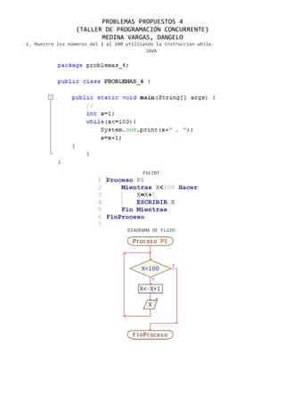 PROBLEMAS PROPUESTOS 4
(TALLER DE PROGRAMACIÓN CONCURRENTE)
MEDINA VARGAS, DANGELO
1. Muestre los números del 1 al 100 utilizando la instrucción while.
JAVA

PSEINT

DIAGRAMA DE FLUJO

 