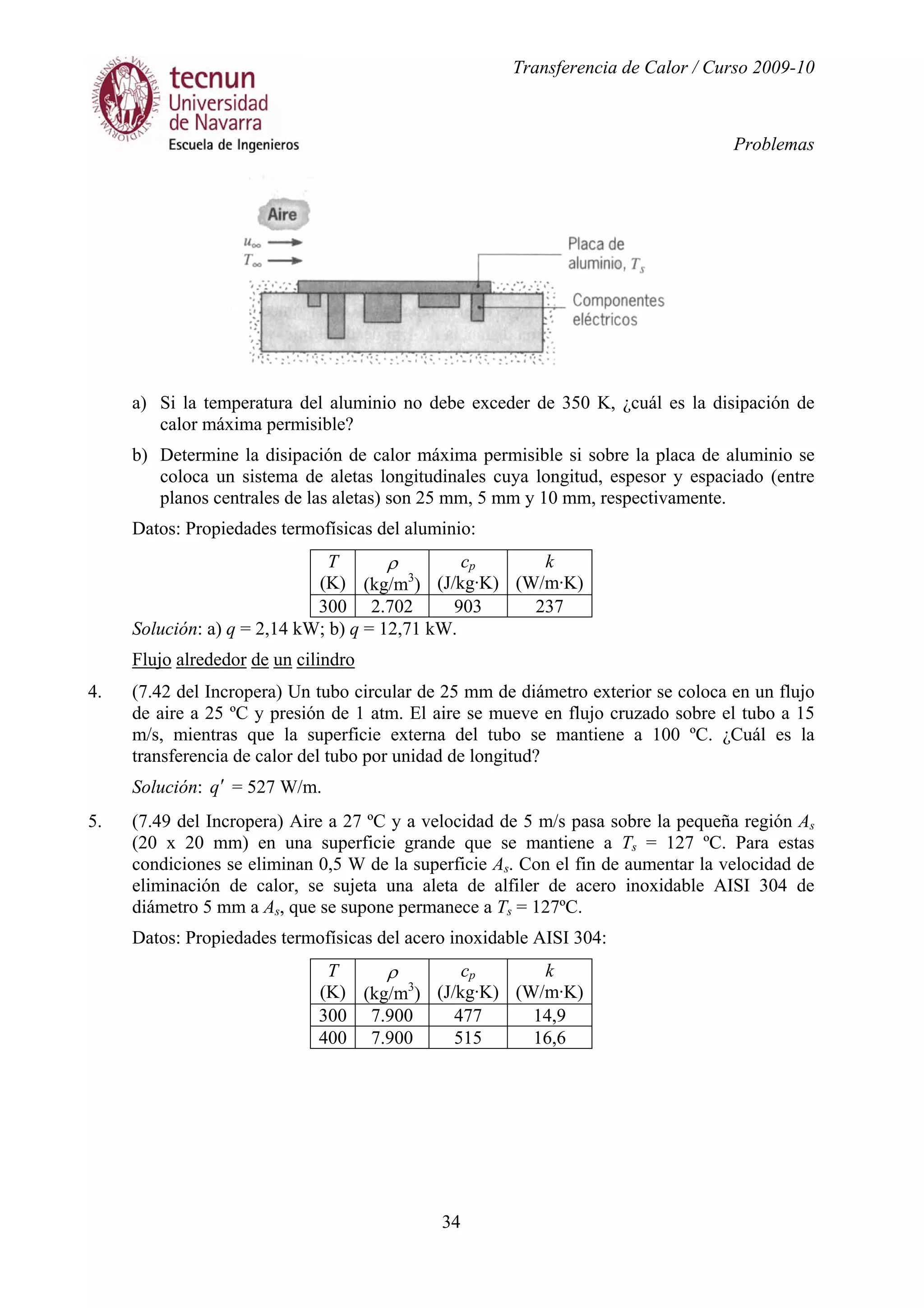 Transferencia de Calor / Curso 2009-10
Problemas
34
a) Si la temperatura del aluminio no debe exceder de 350 K, ¿cuál es la disipación de
calor máxima permisible?
b) Determine la disipación de calor máxima permisible si sobre la placa de aluminio se
coloca un sistema de aletas longitudinales cuya longitud, espesor y espaciado (entre
planos centrales de las aletas) son 25 mm, 5 mm y 10 mm, respectivamente.
Datos: Propiedades termofísicas del aluminio:
T
(K)
ρ
(kg/m3
)
cp
(J/kg·K)
k
(W/m·K)
300 2.702 903 237
Solución: a) q = 2,14 kW; b) q = 12,71 kW.
Flujo alrededor de un cilindro
4. (7.42 del Incropera) Un tubo circular de 25 mm de diámetro exterior se coloca en un flujo
de aire a 25 ºC y presión de 1 atm. El aire se mueve en flujo cruzado sobre el tubo a 15
m/s, mientras que la superficie externa del tubo se mantiene a 100 ºC. ¿Cuál es la
transferencia de calor del tubo por unidad de longitud?
Solución: q′ = 527 W/m.
5. (7.49 del Incropera) Aire a 27 ºC y a velocidad de 5 m/s pasa sobre la pequeña región As
(20 x 20 mm) en una superficie grande que se mantiene a Ts = 127 ºC. Para estas
condiciones se eliminan 0,5 W de la superficie As. Con el fin de aumentar la velocidad de
eliminación de calor, se sujeta una aleta de alfiler de acero inoxidable AISI 304 de
diámetro 5 mm a As, que se supone permanece a Ts = 127ºC.
Datos: Propiedades termofísicas del acero inoxidable AISI 304:
T
(K)
ρ
(kg/m3
)
cp
(J/kg·K)
k
(W/m·K)
300 7.900 477 14,9
400 7.900 515 16,6
 