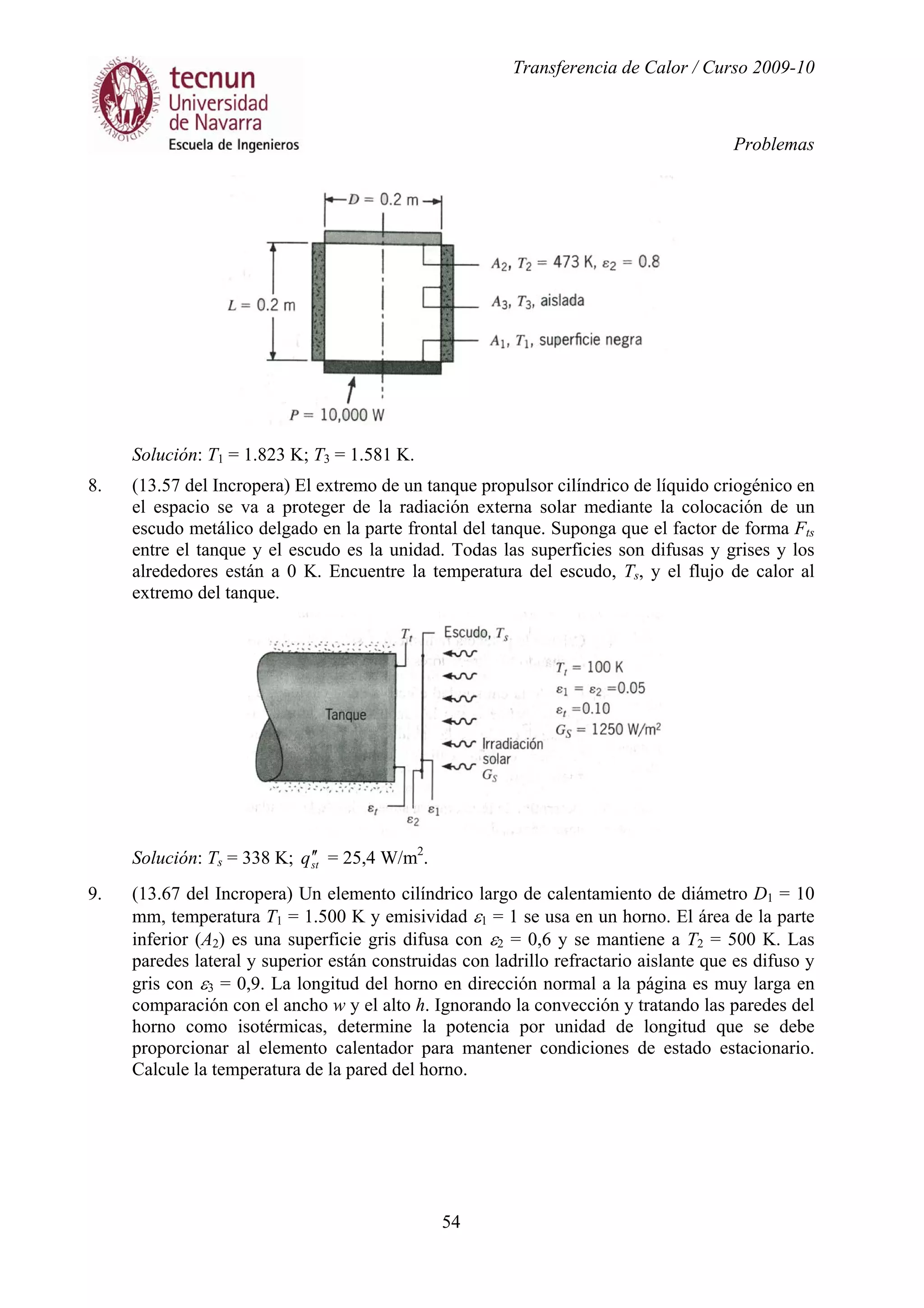 Transferencia de Calor / Curso 2009-10
Problemas
54
Solución: T1 = 1.823 K; T3 = 1.581 K.
8. (13.57 del Incropera) El extremo de un tanque propulsor cilíndrico de líquido criogénico en
el espacio se va a proteger de la radiación externa solar mediante la colocación de un
escudo metálico delgado en la parte frontal del tanque. Suponga que el factor de forma Fts
entre el tanque y el escudo es la unidad. Todas las superficies son difusas y grises y los
alrededores están a 0 K. Encuentre la temperatura del escudo, Ts, y el flujo de calor al
extremo del tanque.
Solución: Ts = 338 K; stq ′′ = 25,4 W/m2
.
9. (13.67 del Incropera) Un elemento cilíndrico largo de calentamiento de diámetro D1 = 10
mm, temperatura T1 = 1.500 K y emisividad ε1 = 1 se usa en un horno. El área de la parte
inferior (A2) es una superficie gris difusa con ε2 = 0,6 y se mantiene a T2 = 500 K. Las
paredes lateral y superior están construidas con ladrillo refractario aislante que es difuso y
gris con ε3 = 0,9. La longitud del horno en dirección normal a la página es muy larga en
comparación con el ancho w y el alto h. Ignorando la convección y tratando las paredes del
horno como isotérmicas, determine la potencia por unidad de longitud que se debe
proporcionar al elemento calentador para mantener condiciones de estado estacionario.
Calcule la temperatura de la pared del horno.
 