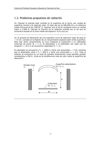 Colección de Problemas Propuestos y Resueltos de Transmisión de Calor




1.3. Problemas propuestos de radiación
24. Calcular la energía solar recibida en la superficie de la tierra, por unidad de
superficie normal a la radiación solar. El radio del sol es 696.000 km y la distancia
media tierra-sol es de 149x109 m. Suponer que el sol se comporta como un cuerpo
negro a 5.800 K. Calcular la fracción de la radiación emitida por el sol que se
encuentra situada en la zona visible del espectro: 0,4 a 0,8 µm.


25. El proceso de fabricación de una superficie curva de absorción solar de área A2
= 15 m², consiste en la fijación de un recubrimiento especial sobre dicha superficie.
Para fijar dicho recubrimiento se cura mediante la exposición a un calentador
infrarrojo de ancho W = 1 m. El absorbedor y el calentador son cada uno de
longitud L = 10 m y se encuentran separados H = 1 m.

El calentador se encuentra a T1 = 1000 K y tiene una emisividad ε1 = 0.9, mientras
que el absorbedor está a T2 = 600 K y tiene una emisividad ε2 = 0.5. Todo el
sistema se encuentra en un local de grandes dimensiones cuyas paredes pueden
considerarse a 300 K. ¿Cuál es la transferencia neta de calor sobre la superficie de
absorción?.


                                                               Superficie absorbedora
              Paredes local
                                                               A2, T2, ε2
              T3




                                                                        H

                                                   Calentador
                                                   A1, T1, ε1


                                                   W




                                                      11
 