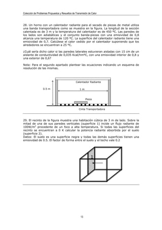 Colección de Problemas Propuestos y Resueltos de Transmisión de Calor



28. Un horno con un calentador radiante para el secado de piezas de metal utiliza
una banda transportadora como se muestra en la figura. La longitud de la sección
calentada es de 3 m y la temperatura del calentador es de 450 ºC. Las paredes de
los lados son adiabáticas y el conjunto banda-piezas con una emisividad de 0,8
alcanza una temperatura de 120 ºC. La superficie del calentador radiante tiene una
emisividad de 0,7. Calcúlese el calor cedido por el calentador suponiendo que los
alrededores se encuentran a 25 ºC.

¿Cuál sería dicho calor si las paredes laterales estuvieran aisladas con 15 cm de un
aislante de conductividad de 0,035 Kcal/hmºC, con una emisividad interior de 0,8 y
una exterior de 0,6?

Nota: Para el segundo apartado plantear las ecuaciones indicando un esquema de
resolución de las mismas.




                                                 Calentador Radiante

                  0.5 m                              1m



                                                           Pieza



                                                    Cinta Transportadora



29. El recinto de la figura muestra una habitación cúbica de 3 m de lado. Sobre la
mitad de una de sus paredes verticales (superficie 1) incide un flujo radiante de
100W/m2 procedente de un foco a alta temperatura. Si todas las superficies del
recinto se encuentran a 0 K calcular la potencia radiante absorbida por el suelo
(superficie 2).
Datos: El suelo es una superficie negra y todas las demás superficies tienen una
emisividad de 0.5. El factor de forma entre el suelo y el techo vale 0.2




                                                               1




                                                      13
 