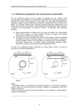 Colección de Problemas Propuestos y Resueltos de Transmisión de Calor




1.4. Problemas propuestos de mecanismos combinados
33. Un conducto circular con los gases de escape de una caldera cruza
verticalmente una habitación. La temperatura superficial del metal que constituye la
tubería es de 200°C. Una pared de 2 m de ancho, con baja conductividad térmica
(aislada) y negra a efectos radiantes se encuentra situada próxima a la tubería (ver
figura 1). El efecto radiante de la tubería produce grietas por dilataciones en la
pared anteriormente mencionada. Para subsanar este problema se debe mantener
la pared a una temperatura no superior a 30°C y se plantean dos soluciones
posibles:

    A. Aislar exteriormente la tubería con una capa de aislante de conductividad
       0.05 W/m·K negro en su cara exterior. Calcular el espesor de aislante
       necesario para mantener la pared a 30°C.
    B. Se coloca una placa metálica (muy alta conductividad) a modo de pantalla
       de radiación tal como muestra la figura 2. La cara enfrentada a la pared se
       puede considerar negra y la enfrentada a la tubería tiene una emisividad ε.
       La pared desnuda de la tubería puede considerarse también negra.
       Determinar ε para que la pared se siga manteniendo a 30°C.

El resto de la habitación puede suponerse un cuerpo negro a 20°C, y el aire se
encuentra a la misma temperatura.

           1m              1m                                             1m              1m


      30°C                                                              30°C                     0,25 m
                                    0,5 m
                                                                                                 0,25 m

                                    0,5 m                                                        0,5 m

                                                                               200°C
               200°C

                       Taire = 20°C                                                Taire =20°C
20°C                                                            20°C




         Figura 1                                                              Figura 2

Notas:
- Considerar todos los coeficientes de película iguales a 10 W/m²K (tubería y
pared), menos los de ambas caras de la placa metálica en el apartado 2 que serán
iguales a 5 W/m²K
- Para el cálculo de factores de forma considerar, en el apartado 1, despreciable el
espesor de aislamiento




                                                      15
 
