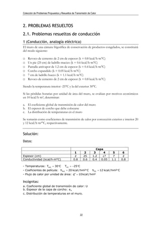 Colección de Problemas Propuestos y Resueltos de Transmisión de Calor



2. PROBLEMAS RESUELTOS
2.1. Problemas resueltos de conducción
1 (Conducción, analogía eléctrica)
El muro de una cámara frigorífica de conservación de productos congelados, se constituirá
del modo siguiente:

□   Revoco de cemento de 2 cm de espesor (k = 0.8 kcal/h·m°C)
□   Un pie (25 cm) de ladrillo macizo (k = 0.6 kcal/h·m°C)
□   Pantalla antivapor de 1.2 cm de espesor (k = 0.4 kcal/h·m°C)
□   Corcho expandido (k = 0.05 kcal/h·m°C)
□   7 cm de ladrillo hueco (k = 1.1 kcal/h·m°C)
□   Revoco de cemento de 2 cm de espesor (k = 0.8 kcal/h·m°C)

Siendo la temperatura interior -25°C y la del exterior 30°C.

Si las pérdidas horarias por unidad de área del muro, se evalúan por motivos económicos
en 10 kcal/h·m², determinar:

a. El coeficiente global de transmisión de calor del muro
b. El espesor de corcho que debe colocarse
c. La distribución de temperaturas en el muro

Se tomarán como coeficientes de transmisión de calor por convección exterior e interior 20
y 12 kcal/h·m²°C, respectivamente.


Solución:
Datos:

                                                                    Capa
                                                1           2     3      4     5     6
Espesor (cm)                                    2          25    1.2    ¿?     7     2
Conductividad (kcal/h·m°C)                     0.8         0.6   0.4   0.05   1.1   0.8

- Temperaturas: Text = 30°C Tint = −25°C
- Coeficientes de película: hext = 20 kcal / h·m²°C hint = 12 kcal / h·m²°C
- Flujo de calor por unidad de área: q′′ = 10 kcal / h·m²

Incógnitas:
a. Coeficiente global de transmisión de calor: U
b. Espesor de la capa de corcho: e 4
c. Distribución de temperaturas en el muro.




                                                      22
 