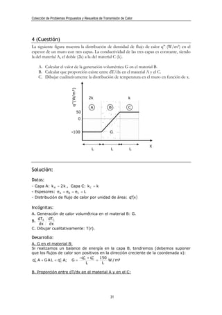 Colección de Problemas Propuestos y Resueltos de Transmisión de Calor




4 (Cuestión)
La siguiente figura muestra la distribución de densidad de flujo de calor q’’ (W/m²) en el
espesor de un muro con tres capas. La conductividad de las tres capas es constante, siendo
la del material A, el doble (2k) a la del material C (k).

    A. Calcular el valor de la generación volumétrica G en el material B.
    B. Calcular que proporción existe entre dT/dx en el material A y el C.
    C. Dibujar cualitativamente la distribución de temperatura en el muro en función de x.
                           q’’(W/m²)




                                            2k                    k

                                            A        B            C
                                       50
                                       0


                           -100                      G


                                                                        X
                                             L        L           L




Solución:
Datos:
- Capa A: k A = 2 k , Capa C: k C = k
- Espesores: e A = eB = eC = L
- Distribución de flujo de calor por unidad de área: q′′(x )

Incógnitas:
A. Generación de calor volumétrica en el material B: G.
   dTA dTC
B.
    dx   dx
C. Dibujar cualitativamente: T(r).

Desarrollo:
A. G en el material B:
Si realizamos un balance de energía en la capa B, tendremos (debemos suponer
que los flujos de calor son positivos en la dirección creciente de la coordenada x):
                           −q′A + q′′
                              ′         150
q′A A + G A L = q′′ A; G =
  ′              C
                                   C
                                      =     W / m³
                                L        L

B. Proporción entre dT/dx en el material A y en el C:




                                                      31
 