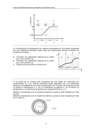 Colección de Problemas Propuestos y Resueltos de Transmisión de Calor




                           q’’(W/m²)
                                                2k                     k

                                                A          B           C
                                       50
                                       0


                           -100                            G


                                                                                        X
                                                 L         L           L



8. La distribución de temperatura en régimen permanente en una pared compuesta
por tres materiales diferentes, todos ellos de conductividad térmica constante, se
muestra en la figura.                                     1      2       3        4
                                                                               T
A.  Comentar las magnitudes relativas de q2 frente                                  A        B    C
   a q3 y de q3 frente a q4.
B. Comentar las magnitudes relativas de kA frente
   a kB y de kB frente a kC.
C. Dibujar el flujo de calor en función de x.
                                                                                   q2       q3   q4

                                                                                                      x




9. La pared de un cilindro está compuesta por dos capas de materiales con
conductividad kA y kB. Ambos materiales están separados por una resistencia
eléctrica muy delgada de muy alta conductividad. Por el interior de la tubería circula
un líquido a temperatura Ti y con un coeficiente de película hi. En el exterior la
temperatura y el coeficiente de película son respectivamente Te y he.
Obtener la temperatura de la resistencia eléctrica cuando el calor disipado por ésta
es nulo.
Obtener la temperatura de la resistencia eléctrica cuando el calor disipado por ésta
es q’’c (W/m²).
                                                           Tc, q’’c



                                                 Ti , hi
                                                                      Te, he
                                            A    B




                                                           6
 