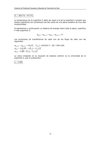 Colección de Problemas Propuestos y Resueltos de Transmisión de Calor



T5 = 320.7 k = 47.7°C

La temperatura de la superficie 5 debe ser igual a la de la superficie 4 puesto que
ambos superficies son constituyen las dos caras de una placa metálica de muy alta
conductividad.

Si planteamos a continuación un balance de energía sobre toda la placa, superficie
4 más superficie 5:

                                         qrad,4 + qconv,4 + qrad,5 + qconv,5 = 0

Las ecuaciones de transferencia de cada uno de los flujos de calor son las
siguientes:

qconv,4 = qconv,5 = h A 4 (T4 − Taire ) = 10·2 L (47.7 − 20) = 554 L [W]
                [
qrad,4 = A 4 ε 4M0 − ε 4 (F4,1J1 + F4,3 J3 )
                 4                           ]
qrad,5 = A 5   [M − (F
                0
                5        J + F5,3 J3 )
                      5,2 2           ]
La única incógnita en la ecuación de balance anterior es la emisividad de la
superficie 4, que si sustituimos:

ε 4 = 0.82




                                                            61
 