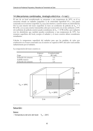 Colección de Problemas Propuestos y Resueltos de Transmisión de Calor




14 (Mecanismos combinados, Analogía eléctrica + h rad.)
El aire de un local acondicionado se encuentra a una temperatura de 20°C, en él se
encuentra situado un radiador (superficie 1) de emisividad superficial 0.9, y una pared
conectada con el exterior (superficie 2), cuya cara interior y exterior tienen un emisividad de
0.8. La cara interior del muro (superficie 2) tiene un coeficiente de película de hint = 3
W/m²K y en su cara exterior intercambia calor por convección con el aire ambiente a 10°C
(el coeficiente de película exterior puede considerarse de hext = 10 W/m²K) y por radiación
con los alrededores que también pueden considerarse a una temperatura de 10°C. Las
restantes superficies del local, excepto el radiador y el muro exterior deben considerarse
rerradiantes.

Calcular la temperatura superficial del radiador para que las pérdidas de calor por
conducción en el muro conectado con el exterior no superen el 80% del calor total emitido
radiantemente por el radiador.

La composición del muro exterior es:

                                       Espesor             Conductividad
      Capa                              (cm)                 (W/mK)
      Enlucido de cemento                 2                    1.0
      Ladrillo macizo                    25                    0.7
      Enlucido de cemento                 2                    1.0




                                                                                       1.5 m




                                                           1                           1.5 m
         Text = 10°C




                                  2                        Tint = 20°C
                                                                             3m


                                               3m




Solución:
Datos:
- Temperatura del aire del local:           Tint = 20°C




                                                      62
 