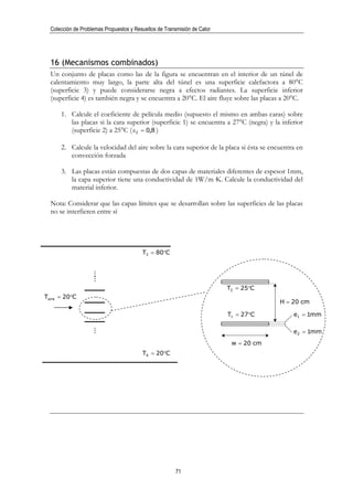 Colección de Problemas Propuestos y Resueltos de Transmisión de Calor




  16 (Mecanismos combinados)
  Un conjunto de placas como las de la figura se encuentran en el interior de un túnel de
  calentamiento muy largo, la parte alta del túnel es una superficie calefactora a 80°C
  (superficie 3) y puede considerarse negra a efectos radiantes. La superficie inferior
  (superficie 4) es también negra y se encuentra a 20°C. El aire fluye sobre las placas a 20°C.

      1. Calcule el coeficiente de película medio (supuesto el mismo en ambas caras) sobre
         las placas si la cara superior (superficie 1) se encuentra a 27°C (negra) y la inferior
         (superficie 2) a 25°C ( ε2 = 0,8 )

      2. Calcule la velocidad del aire sobre la cara superior de la placa si ésta se encuentra en
         convección forzada

      3. Las placas están compuestas de dos capas de materiales diferentes de espesor 1mm,
         la capa superior tiene una conductividad de 1W/m·K. Calcule la conductividad del
         material inferior.

  Nota: Considerar que las capas límites que se desarrollan sobre las superficies de las placas
  no se interfieren entre sí




                                         T3 = 80°C
                    ...
                      ...




                                                                          T2 = 25°C
Taire = 20°C
                                                                                        H = 20 cm

                                                                          T1 = 27°C          e1 = 1mm
                    ...




                                                                                             e2 = 1mm
                                                                           w = 20 cm
                                         T4 = 20°C




                                                        71
 