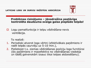 LATVIJAS LOGU UN DURVJU RAŽOTĀJU ASOCIĀCIJA
Problēmas risinājums – jānodrošina pastāvīga
kontrolēta daudzuma svaiga gaisa pieplūde telpās!
 Logu pamatfunkcija ir telpu vēdināšana nevis
ventilācija.
To realizē:
1. Periodiski atverot loga vērtni (efektīvākais paņēmiens ir
radīt telpās caurvēju uz 5-10 min.),
2. Pielietojot t.s. ziemas vēdināšanas pozīciju loga furnitūrai
(šis paņēmiens ir mazefektīvs no vēdināšanas viedokļa
un tādēļ galvenokārt izsauc tikai telpas atdzesēšanu).
LATVIJAS LOGU UN DURVJU RAŽOTĀJU ASOCIĀCIJA
 