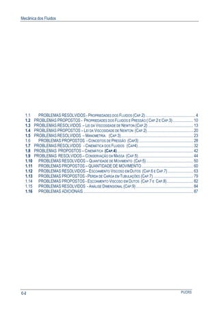 Mecânica dos Fluidos
PUCRSC-2
1.1 PROBLEMAS RESOLVIDOS - PROPRIEDADES DOS FLUIDOS (CAP.2)................................................. 4
1.2 PROBLEMAS PROPOSTOS - PROPRIEDADES DOS FLUIDOS E PRESSÃO ( CAP.2 E CAP.3).................... 10
1.3 PROBLEMAS RESOLVIDOS – LEI DA VISCOSIDADE DE NEWTON (CAP.2) ............................................ 13
1.4 PROBLEMAS PROPOSTOS – LEI DA VISCOSIDADE DE NEWTON (CAP.2)............................................. 20
1.5 PROBLEMAS RESOLVIDOS – MANOMETRÍA. (CAP.3)....................................................................... 23
1.6 PROBLEMAS PROPOSTOS - CONCEITOS DE PRESSÃO (CAP3) ..................................................... 28
1.7 PROBLEMAS RESOLVIDOS - CINEMÁTICA DOS FLUIDOS (CAP4)...................................................... 32
1.8 PROBLEMAS PROPOSTOS – CINEMÁTICA (CAP.4)........................................................................... 42
1.9 PROBLEMAS RESOLVIDOS – CONSERVAÇÃO DA MASSA (CAP.5)...................................................... 44
1.10 PROBLEMAS RESOLVIDOS – QUANTIDADE DE MOVIMENTO (CAP.5).............................................. 50
1.11 PROBLEMAS PROPOSTOS – QUANTIDADE DE MOVIMENTO................................................... 60
1.12 PROBLEMAS RESOLVIDOS – ESCOAMENTO VISCOSO EM DUTOS (CAP.6 E CAP.7)......................... 63
1.13 PROBLEMAS PROPOSTOS - PERDA DE CARGA EM TUBULAÇÕES (CAP.7) ....................................... 79
1.14 PROBLEMAS PROPOSTOS - ESCOAMENTO VISCOSO EM DUTOS (CAP.7 E CAP.8).......................... 82
1.15 PROBLEMAS RESOLVIDOS - ANÁLISE DIMENSIONAL (CAP.9) ........................................................ 84
1.16 PROBLEMAS ADICIONAIS............................................................................................................ 87
 