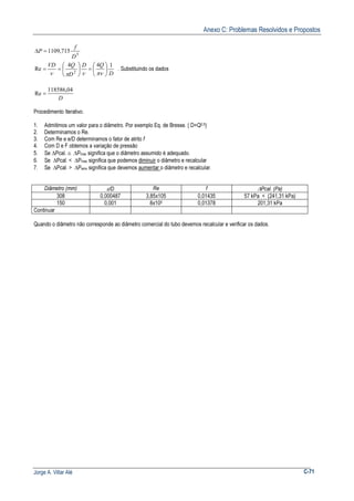 Anexo C: Problemas Resolvidos e Propostos
Jorge A. Villar Alé C-71
5
715,1109
D
f
P =∆
D
QD
D
QVD 144
Re 2






=





==
πννπν
. Substituindo os dados
D
04,118586
Re =
Procedimento Iterativo.
1. Admitimos um valor para o diâmetro. Por exemplo Eq. de Bresse. ( D=Q0,5)
2. Determinamos o Re.
3. Com Re e e/D determinamos o fator de atrito f
4. Com D e F obtemos a variação de pressão
5. Se ∆Pcal. ≅ ∆Pmax significa que o diâmetro assumido é adequado.
6. Se ∆Pcal. < ∆Pmax significa que podemos diminuir o diâmetro e recalcular
7. Se ∆Pcal. > ∆Pamx significa que devemos aumentar o diâmetro e recalcular.
Diâmetro (mm) ε/D Re f ∆Pcal. (Pa)
308 0,000487 3,85x105 0,01435 57 kPa < (241,31 kPa)
150 0,001 8x105 0,01378 201,31 kPa
Continuar
Quando o diâmetro não corresponde ao diâmetro comercial do tubo devemos recalcular e verificar os dados.
 