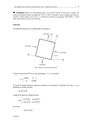 Juan Miquel Canet. Problemas de Estructuras. Cap. 1: Análisis de tensiones 9 
► Problema 1.5 En un determinado punto en el cual el estado de tensiones es plano, los 
planos principales forman un ángulo de 76,35º y 166,35º (medidos como el ángulo que forma la 
normal a dichos planos con el eje z1), valiendo las tensiones principales 50,89 MPa y -18,89 
MPa. Determinar el tensor de tensiones. 
Solución 
El estado de tensiones es el representado en la figura 1 
Fig.1 Planos y tensiones principales 
El tensor de tensiones T’ en los ejes principales 1 z y 2 z se escribe 
 
 
50,89 0 
 
 
 
  
0 18,89 
El tensor Т’ puede obtenerse supuesto conocido el de tensiones Т (referido a los ejes z1 y z2) 
mediante un cambio de base 
Т’= Р Т РT 
Siendo Р la matriz de cambio de base 
 
 sin 76,35 cos76,35 
 
Р =  
 
cos76,35 sin 76,35 
por lo que 
Т= РT Т’ Р 
es decir : 
 