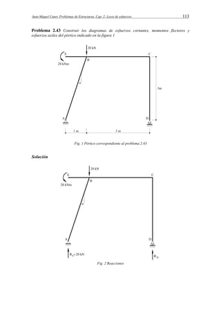 Juan Miquel Canet. Problemas de Estructuras. Cap. 2: Leyes de esfuerzos 113 
Problema 2.43 Construir los diagramas de esfuerzos cortantes, momentos flectores y 
esfuerzos axiles del pórtico indicado en la figura 1 
Fig. 1 Pórtico correspondiente al problema 2.43 
Solución 
Fig. 2 Reacciones 
 