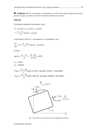 Juan Miquel Canet. Problemas de Estructuras. Cap. 1: Análisis de tensiones 12 
► Problema 1.7 En el problema 1.4 determinar el valor de la tensión tangencial máxima, 
plano en el que se produce y valor de la tensión normal en este plano. 
Solución 
En un plano cualquiera, las tensiones valen: 
  cos   sin2  sin 2 
  2 
  
1 2 
 
2 1  
   
  
 sin 2 cos2 
2 
  
y derivando el valor de  ' con respecto a  e igualando a cero, 
 
0 2 1  
   
  
 
 
2cos 2 2 sin 2 
2 
  
 
d 
d 
Es decir: 
0,791 
32  
70 
  
tan 2 2 1  
2 24 
2 
  
 
 
 
 
 
19,18º 1   
  
109,18º 2   32  
70 
sin2 19,18 24cos2 19,18 30,61MPa 
   
     
1 2 
  32  
70 
sin2 109,18 24cos2 109,18 30,61MPa 
2     
2 
   
Fig. 1 Tensiones en los planos de tensión tangencial máxima 
y las tensiones normales 
 