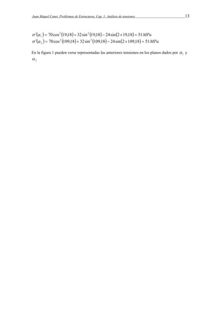 Juan Miquel Canet. Problemas de Estructuras. Cap. 1: Análisis de tensiones 13 
  70cos2 19,18 32sin2 19,18 24sin2 19,18 51MPa 
1        
  70cos2 109,18 32sin2 109,18 24sin2 109,18 51MPa 
2        
En la figura 1 pueden verse representadas las anteriores tensiones en los planos dados por 1  
y 
2  
 