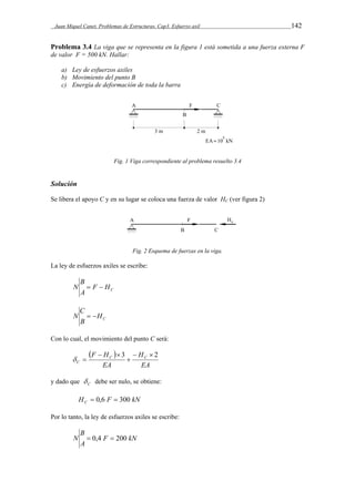 Juan Miquel Canet. Problemas de Estructuras. Cap3. Esfuerzo axil 142 
Problema 3.4 La viga que se representa en la figura 1 está sometida a una fuerza externa F 
de valor F = 500 kN. Hallar: 
a) Ley de esfuerzos axiles 
b) Movimiento del punto B 
c) Energía de deformación de toda la barra 
Fig. 1 Viga correspondiente al problema resuelto 3.4 
Solución 
Se libera el apoyo C y en su lugar se coloca una fuerza de valor HC (ver figura 2) 
Fig. 2 Esquema de fuerzas en la viga. 
La ley de esfuerzos axiles se escribe: 
B 
N   
F HC 
A 
C H 
C 
N   
B 
Con lo cual, el movimiento del punto C será: 
  
F H H 
C C 
EA 
EA 
C 
3   2 
 
  
  
y dado que C  debe ser nulo, se obtiene: 
H F kN C  0,6  300 
Por lo tanto, la ley de esfuerzos axiles se escribe: 
B 
N  0,4  200 
F kN 
A 
 