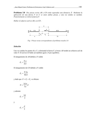 Juan Miquel Canet. Problemas de Estructuras. Cap3. Esfuerzo axil 148 
Problema 3.8 Dos piezas rectas AB y CD están separadas una distancia  . Mediante la 
aplicación de una fuerza F en C se unen ambas piezas, y una vez unidas se sueldan. 
Posteriormente se retira la fuerza F. 
Hallar el esfuerzo axil en AB y en CD . 
Fig. 1 Piezas rectas correspondientes al problema resuelto 3.8 
Solución 
Una vez unidos los puntos B y C y eliminada la fuerza F, el trozo AB tendrá un esfuerzo axil de 
valor N. El axil en CD debe ser también igual a N por equilibrio. 
El alargamiento de AB debido a N valdrá 
 N a 1  
EA 
El alargamiento de CD debido a N valdrá 
N 2 
a 
4 
EA 
2   
y dado que 1 2    se obtiene: 
N EA 
 
a 
 2 
3 
y además: 
2 
3 
1 
 
  
y 
 
  
3 2 
 