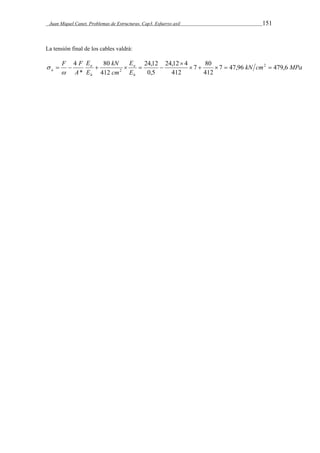 Juan Miquel Canet. Problemas de Estructuras. Cap3. Esfuerzo axil 151 
La tensión final de los cables valdrá: 
4 2 
kN cm MPa 
E 
7 80 
24,12 4 
24,12 
80 
 
a 7 47,96 479,6 
      
 
E 
kN 
cm 
E 
E 
F F 
A 
a 
h 
a 
h 
412 
412 
0,5 
412 
* 
2      
 
 