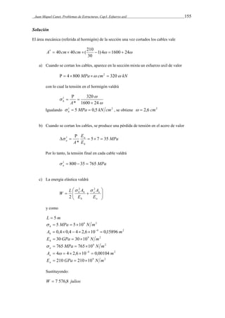 Juan Miquel Canet. Problemas de Estructuras. Cap3. Esfuerzo axil 155 
Solución 
El área mecánica (referida al hormigón) de la sección una vez cortados los cables vale 
A*  40cm 40cm (210    
1) 4 1600 24 
30 
a) Cuando se cortan los cables, aparece en la sección mixta un esfuerzo axil de valor 
  4800 MPa  cm2  320 kN 
con lo cual la tensión en el hormigón valdrá 
 
 
 
320 
1600 24 
* 
1 
 
 
 
 
h A 
Igualando 1 5 MPa 0,5 kN cm2 h    , se obtiene   2,6 cm2 
b) Cuando se cortan los cables, se produce una pérdida de tensión en el acero de valor 
MPa 
E 
 
1    
A E 
h 
a 
a 5 7 35 
* 
  
Por lo tanto, la tensión final en cada cable valdrá 
MPa a  1  800  35  765 
c) La energía elástica valdrá 
 
  
 
2 2 
L A W 
  
h h 
  
a a 
a 
h 
E 
A 
E 
2 
  
y como 
L  5 m 
5 MPa 5 106 N m2 h     
A 0,4 0,4 4 2,6 10 4 0,15896 m2 h        
E 30 GPa 30 109 N m2 h    
765 MPa 765 106 N m2 a     
A 4 4 2,6 10 4 0,00104 m2 a        
E 210 GPa 210 109 N m2 a    
Sustituyendo: 
W  7 576,8 julios 
 
