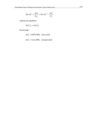 Juan Miquel Canet. Problemas de Estructuras. Cap3. Esfuerzo axil 157 
  
a 
a 
h 
E E 
ha 
3 
5 
3 
30 10 5 36 10 
   
 
    
Además, por equilibrio: 
a a h h  3A   3A 
Resolviendo: 
MPa tracción h  3  0,079 
MPa compresión a  3  12,12 
 