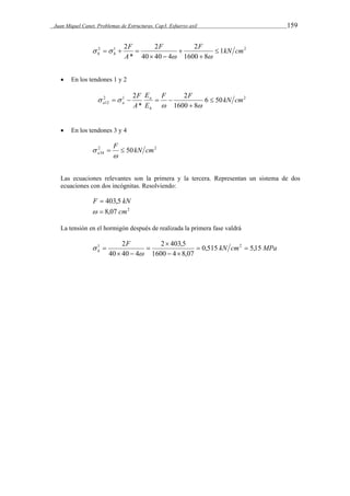 Juan Miquel Canet. Problemas de Estructuras. Cap3. Esfuerzo axil 159 
2 F 
2 
F 2 
F kN cm 
A 
2 1 1 2 
h h  
1600 8 
40 40 4 
* 
 
 
  
   
  
  
 En los tendones 1 y 2 
E 
2 F 
F 2 
F kN cm 
2 1 2 
12 6 50 
a a  
1600 8 
* 
E 
A 
a 
h 
 
    
  
  
 En los tendones 3 y 4 
2 2 
34 F 50kN cm 
a   
 
 
Las ecuaciones relevantes son la primera y la tercera. Representan un sistema de dos 
ecuaciones con dos incógnitas. Resolviendo: 
F  403,5 kN 
  8,07 cm2 
La tensión en el hormigón después de realizada la primera fase valdrá 
kN cm MPa F 
1 2 2  
403,5 
 2  
h 0,515 5,15 
1600 4 8,07 
40 40 4 
  
 
  
 
 
 
 