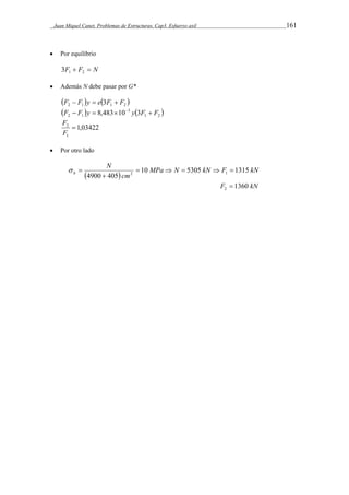 Juan Miquel Canet. Problemas de Estructuras. Cap3. Esfuerzo axil 161 
 Por equilibrio 
F  F  N 1 2 3 
 Además N debe pasar por G* 
 F  F  y  e  3F  F 
 2 1 1 2  F  F  y  8,48310 3 
y  3F  F 
 2 1 1 2 
1,03422 
F 
2  
F 
1 
 Por otro lado 
  MPa N kN F kN 
cm 
N 
h 10 5305 1315 
     
4900  
405 2 1   
F 1360 kN 2  
 
