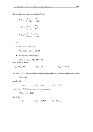 Juan Miquel Canet. Problemas de Estructuras. Cap3. Esfuerzo axil 166 
Por otro lado, (se usarán las unidades kN y m) 
4 CD 
25000 
 L  CD 
 
N 
CD CD 
CD 
N 
E A 
 L  N  
4 EP 
25000 
EP 
EP EP 
EP 
N 
E A 
4 GH 
25000 
GH 
N 
 L   
GH GH 
GH 
N 
E A 
Además: 
 Por equilibrio de fuerzas: 
N N N kN CD EP GH    200 
 Por equilibrio de momentos: 
7  4  3,5  200  700 CD EP N N 
Con lo cual se obtiene 
N kN CD  62,2 N kN EP  66,2 N kN GH  71,6 
b) Si NCD = 0 es preciso modificar únicamente la ecuación de momentos quedando ésta última: 
4 NEP = 200 x 
con lo cual, 
x = 1,2 m NEP = 60 kN NGH = 140 kN 
c) Si NGH = -50 kN , la ecuación de momentos queda: 
7 NCD + 4 NEP = 200 x 
por lo que 
x = 7,59 m NCD = 172,7 kN NEF = 77,3 kN 
 
