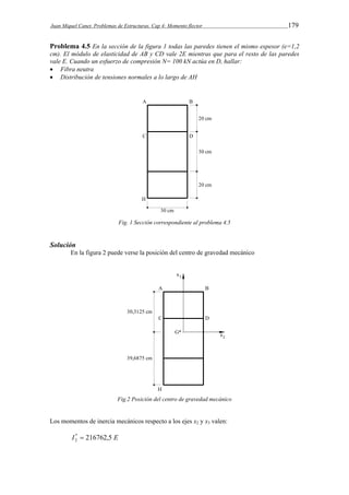 Juan Miquel Canet. Problemas de Estructuras. Cap 4: Momento flector 179 
Problema 4.5 En la sección de la figura 1 todas las paredes tienen el mismo espesor (e=1,2 
cm). El módulo de elasticidad de AB y CD vale 2E mientras que para el resto de las paredes 
vale E. Cuando un esfuerzo de compresión N= 100 kN actúa en D, hallar: 
 Fibra neutra 
 Distribución de tensiones normales a lo largo de AH 
Fig. 1 Sección correspondiente al problema 4.5 
Solución 
En la figura 2 puede verse la posición del centro de gravedad mecánico 
Fig.2 Posición del centro de gravedad mecánico 
Los momentos de inercia mecánicos respecto a los ejes x2 y x3 valen: 
I * 216762,5 E 
2  
 