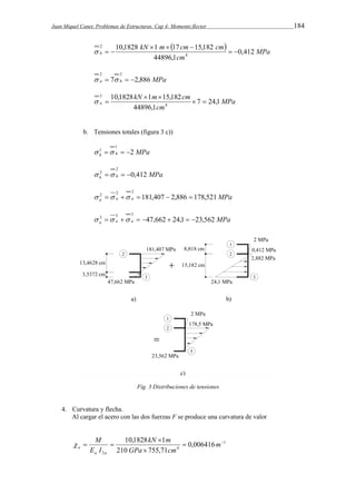 Juan Miquel Canet. Problemas de Estructuras. Cap 4: Momento flector 184 
  MPa 
cm 
kN m cm cm 
10,1828 1 17 15,182 
h 0,412 
44896,1 
4 
2 
  
   
   
2 2 
     
a 7 h 2,886 MPa 
MPa 
kN m cm 
10,1828 1 15,182 
a 7 24,1 
cm 
44896,1 
4 
3 
  
  
  
b. Tensiones totales (figura 3 c)) 
1 
 1    
h h MPa 2 
2 
 2    
h h MPa 0,412 
2 2  2      
a a a MPa 181,407 2,886 178,521 
3 3  3        
a a a MPa 47,662 24,1 23,562 
Fig. 3 Distribuciones de tensiones 
4. Curvatura y flecha. 
Al cargar el acero con las dos fuerzas F se produce una curvatura de valor 
kN m 
10,1828 1   
1 
4 
M 
a a 
2 
0,006416 
210  
755,71 
 
  m 
GPa cm 
E I 
a  
 