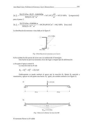 Juan Miquel Canet. Problemas de Estructuras. Cap 4: Momento flector 193 
    MPa compresión 
kNm   
m 167.147,2 kN 
167,15 
3038,19 10 
 
   
1 1  8 4 m 
2 para el punto 2: 
  kN m MPa tracción 
28,125 0,25 0,06944 
m 
 
kNm m 64.281,69 64,3 
28,125  
0,06944 2 
   
1 2 8 4   
m 
3038,19  
10 
La distribución de tensiones viene dada en la figura 4 
Fig. 4 Distribución de tensiones en el acero 
b) Se sueldan las dos piezas de acero una vez endurecido el hormigón: 
Este hecho no provoca tensiones al no dar lugar a ningún tipo de deformación. 
c) Se quita el apoyo central B. 
La reacción total en B vale 
R R RBC kN 
B 
AB 
B B    22,5 
Estáticamente se puede sustituir el apoyo por la reacción RB. Quitar RB equivale a 
mantenerla y aplicar en este punto una fuerza RB igual y de sentido contrario (ver figura 5). 
Fig. 5 Efecto de eliminar la reacción RB 
El momento flector en B valdrá 
 