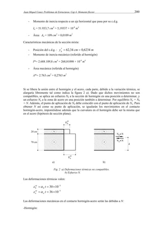 Juan Miquel Canet. Problemas de Estructuras. Cap 4: Momento flector 200 
- Momento de inercia respecto a un eje horizontal que pasa por su c.d.g. 
Ia = 51.933,7 cm4 = 5,19337 × 10-4 m4 
- Área: Aa = 109 cm2 = 0,0109 m2 
Características mecánicas de la sección mixta: 
- Posición del c.d.g. : y cm m g *  62,34  0,6234 
- Momento de inercia mecánico (referido al hormigón) 
I*= 2.688.109,8 cm4 = 268,81098 × 10-4 m4 
- Área mecánica (referida al hormigón) 
A*= 2.763 cm2 = 0,2763 m2 
Si se libera la unión entre el hormigón y el acero, cada parte, debido a la variación térmica, se 
alargaría libremente tal como indica la figura 2 a). Dado que dichos movimientos no son 
compatibles, se aplica un esfuerzo Nh a la sección de hormigón en una posición a determinar, y 
un esfuerzo Na a la zona de acero en una posición también a determinar. Por equilibrio Na = Nh 
= N. Además, el punto de aplicación de Nh debe coincidir con el punto de aplicación de Na. Para 
obtener N así como su punto de aplicación, se igualarán los movimientos en el contacto 
hormigón-acero, imponiéndose además que la curvatura en el hormigón debe ser la misma que 
en el acero (hipótesis de sección plana). 
Fig. 2 a) Deformaciones térmicas no compatibles. 
b) Esfuerzo N. 
Las deformaciones térmicas valen: 
nt 
h   
 t  30105 h 
nt 
a   
 t  36105 a 
Las deformaciones mecánicas en el contacto hormigón-acero serán las debidas a N: 
-Hormigón: 
 