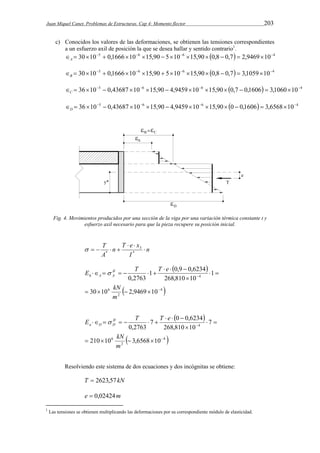 Juan Miquel Canet. Problemas de Estructuras. Cap 4: Momento flector 203 
c) Conocidos los valores de las deformaciones, se obtienen las tensiones correspondientes 
a un esfuerzo axil de posición la que se desea hallar y sentido contrario1. 
  30105  0,1666106 15,90  5106 15,90 0,8  0,7  2,9469104 A 
  30105  0,1666106 15,90  5106 15,90 0,8  0,7  3,1059104 B 
  36105  0,43687106 15,90  4,9459106 15,90 0,7  0,1606  3,1060104 C 
  36105  0,43687 106 15,90  4,9459106 15,90 0  0,1606  3,6568104 D 
Fig. 4. Movimientos producidos por una sección de la viga por una variación térmica constante t y 
esfuerzo axil necesario para que la pieza recupere su posición inicial. 
n 
T e x 
T  
I 
n 
A 
  
    * 
3 
*  
  
E II T T e 
h A A  
  0,9  
1 0,6234 
kN 
 4  
2 
6 
4 
30 10 2,9469 10 
1 
268,810 10 
0,2763 
 
 
    
  
 
      
m 
  
E II T T e 
a D D  
7 0 0,6234 
kN 
 4  
2 
6 
4 
210 10 3,6568 10 
7 
268,810 10 
0,2763 
 
 
    
  
 
   
      
m 
Resolviendo este sistema de dos ecuaciones y dos incógnitas se obtiene: 
T  2623,57 kN 
e  0,02424m 
1 Las tensiones se obtienen multiplicando las deformaciones por su correspondiente módulo de elasticidad. 
 