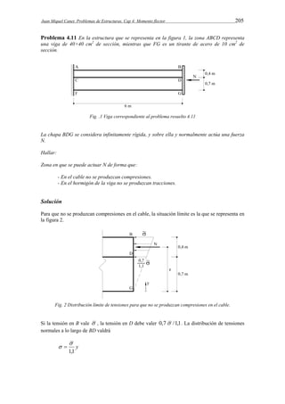 Juan Miquel Canet. Problemas de Estructuras. Cap 4: Momento flector 205 
Problema 4.11 En la estructura que se representa en la figura 1, la zona ABCD representa 
una viga de 40×40 cm2 de sección, mientras que FG es un tirante de acero de 10 cm2 de 
sección. 
Fig. .1 Viga correspondiente al problema resuelto 4.11 
La chapa BDG se considera infinitamente rígida, y sobre ella y normalmente actúa una fuerza 
N. 
Hallar: 
Zona en que se puede actuar N de forma que: 
- En el cable no se produzcan compresiones. 
- En el hormigón de la viga no se produzcan tracciones. 
Solución 
Para que no se produzcan compresiones en el cable, la situación límite es la que se representa en 
la figura 2. 
Fig. 2 Distribución límite de tensiones para que no se produzcan compresiones en el cable. 
Si la tensión en B vale  , la tensión en D debe valer 0,7 /1,1. La distribución de tensiones 
normales a lo largo de BD valdrá 
 
y 
1,1 
  
 