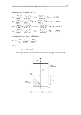 Juan Miquel Canet. Problemas de Estructuras. Cap 4: Momento flector 231 
Sustituyendo para los puntos A, B, C y D 
m MPa 
m kN m 
0,3 28,8 
57,6 
480 
 
A 0,2 6,2 
m 
kN m 
m 
kN 
m 
0,0032 
0,0072 
0,24 
  
   
2 4 4   
 
 
  
 m MPa 
m kN m 
0,3 28,8 
57,6 
480 
 
B 0,2 2,6 
m 
kN m 
m 
kN 
m 
0,0032 
0,0072 
0,24 
  
    
2 4 4  
 
 
  
m kN m 
0,3 28,8 
 
   m MPa 
57,6 
480 
C 0,2 2,2 
m 
kN m 
m 
kN 
m 
0,0032 
0,0072 
0,24 
   
   
2 4 4  
 
 
  
m kN m 
0,3 28,8 
 
  m MPa 
57,6 
480 
D 0,2 1,4 
m 
kN m 
m 
kN 
m 
0,0032 
0,0072 
0,24 
   
   
2 4 4  
 
 
  
La ecuación de la fibra neutra vendrá dada por 
0 480 x  28,8 
x 
3 2 0,0032 
57,6 
0,0072 
0,24 
 
     
es decir 
1 + 4 x3 + 4,5 x2 = 0 
En la figura 2 puede verse representada la zona traccionada y la zona comprimida. 
Fig. 2 Zona traccionada y comprimida 
 