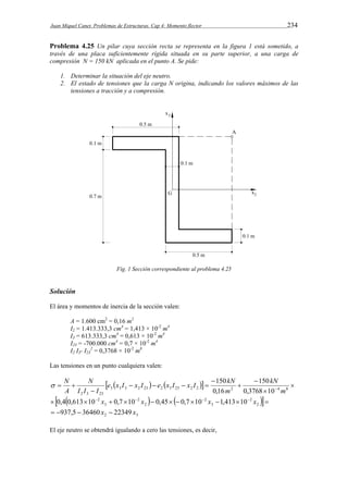 Juan Miquel Canet. Problemas de Estructuras. Cap 4: Momento flector 234 
Problema 4.25 Un pilar cuya sección recta se representa en la figura 1 está sometido, a 
través de una placa suficientemente rígida situada en su parte superior, a una carga de 
compresión N = 150 kN aplicada en el punto A. Se pide: 
1. Determinar la situación del eje neutro. 
2. El estado de tensiones que la carga N origina, indicando los valores máximos de las 
tensiones a tracción y a compresión. 
Fig. 1 Sección correspondiente al problema 4.25 
Solución 
El área y momentos de inercia de la sección valen: 
A = 1.600 cm2 = 0,16 m2 
I2 = 1.413.333,3 cm4 = 1,413 × 10-2 m4 
I3 = 613.333,3 cm4 = 0,613 × 10-2 m4 
I23 = -700.000 cm4 = 0,7 × 10-2 m4 
I2 I3- I23 
2 = 0,3768 × 10-2 m8 
Las tensiones en un punto cualquiera valen: 
 N 
                
150 
e x I x I e x I x I 150 
kN 
      
N 
  3 3 3 2 23 2 3 23 2 2 2 4 8 
 
 
 
 
    
 
2 3 23 0,16 
0,3768 10 
m 
kN 
m 
I I I 
A 
2 
0,4 0,613 10 2 x 0,7 10 x 0,45 0,7 10 x 1,413 10 2 
x 
3 
2 
2 
2 
3 
2 3  937,5  36460 x  22349 x 
El eje neutro se obtendrá igualando a cero las tensiones, es decir, 
 